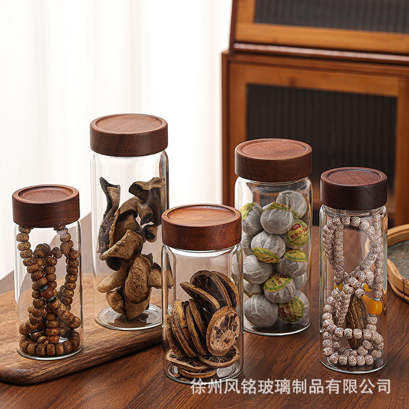 Acacia Wood Lid Honey Jar, Sealed Tea Canister, Spice Jar, High Borosilicate Glass Capsule, Medicine Powder Packaging Bottle, Flower Tea Jar