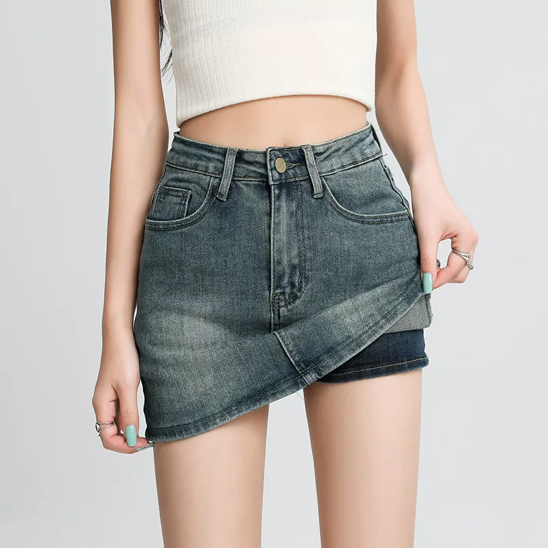 Elastic denim skirt, universal protective underware, hip-accented