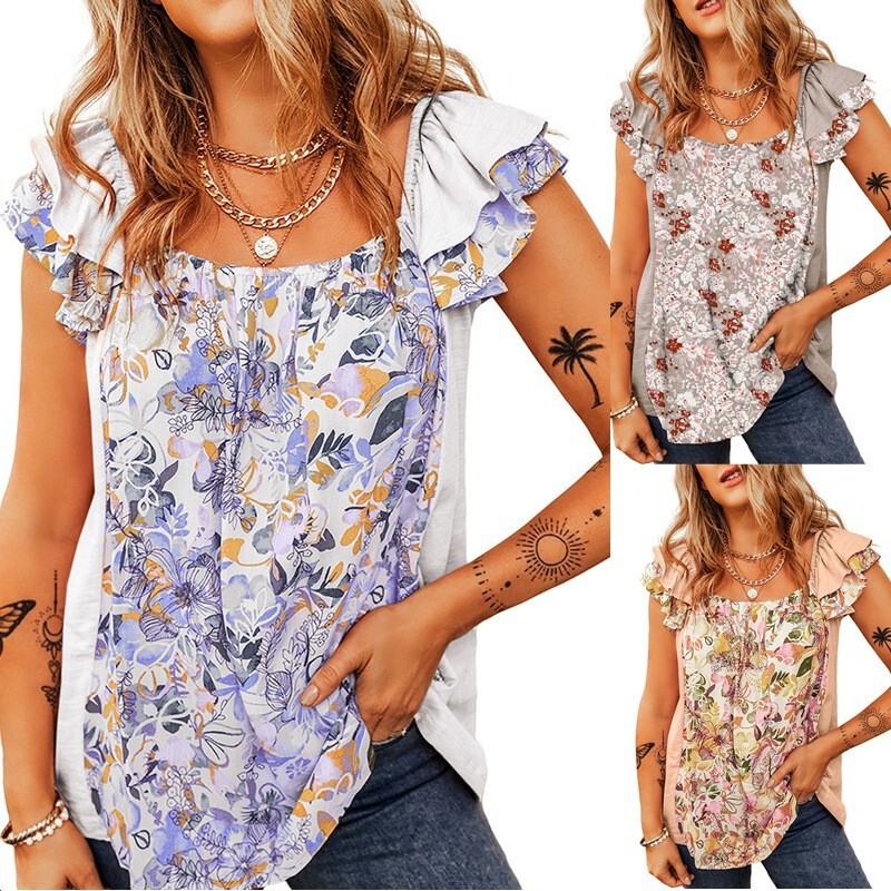 2026 Spring/Summer European and American Cross-Border Trade Pleated Short-Sleeved Bohemian Floral Print Tank Top T-Shirt Top 2026 Spring/Summer European and American Cross-Border Trade Pleated Short-Sleeved Bohemian Floral Print Tank Top T-Shirt Top