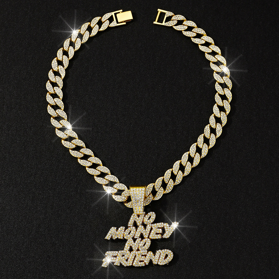 Nuevos productos europeos y estadounidenses llenos de letras de diamante NO MONEY NO FAIEND Hip Hop transfronterizo personalidad colgante de aleación cadena cubana
