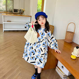 2023夏季新品女童蓝色花朵印花连衣裙韩版儿童圆领长袖裙裙子Q358