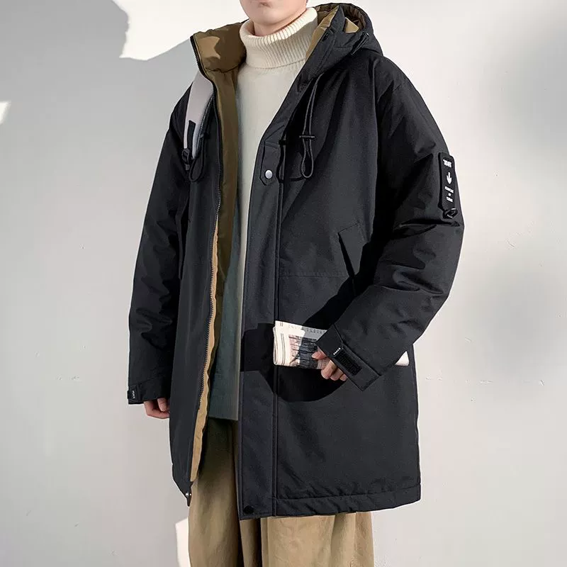 Long winter warm hoody, coat, down jacket with down, mid-length