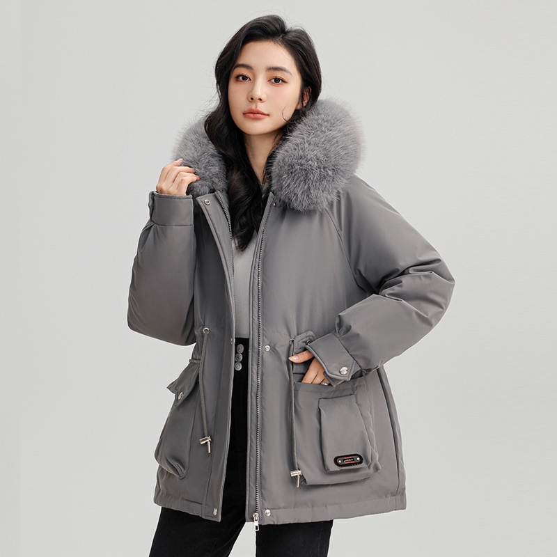2025 invierno nuevo comercio exterior grueso para superar la cintura femenina delgada con capuzas cuello de cabello grande abrigo de algodón cálido