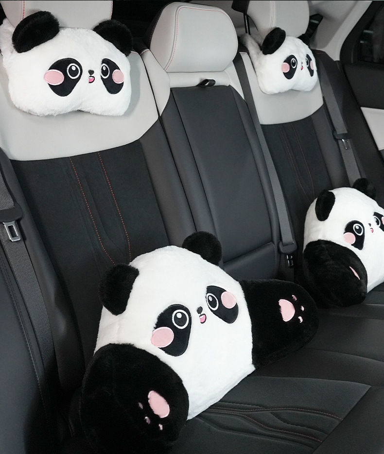 Panda car headrest imitation rabbit fur embroidered cartoon car comfortable neck pillow back cushion winter car waist cushion