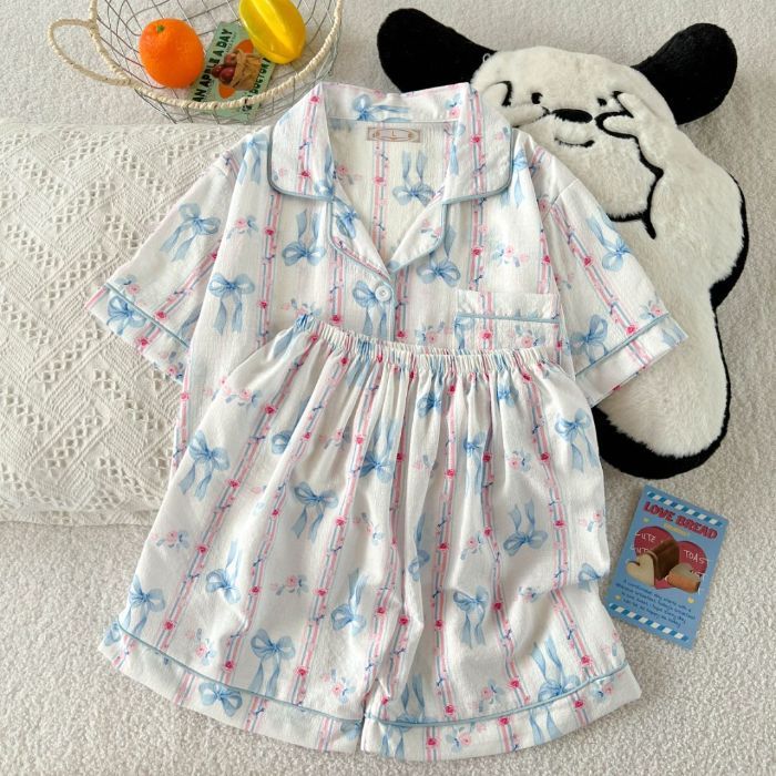 Pijamas al por mayor transfronterizos traje de verano para mujer cárdigan de solapa dulce pantalones cortos delgados de manga corta ropa de hogar de espuma para estudiantes