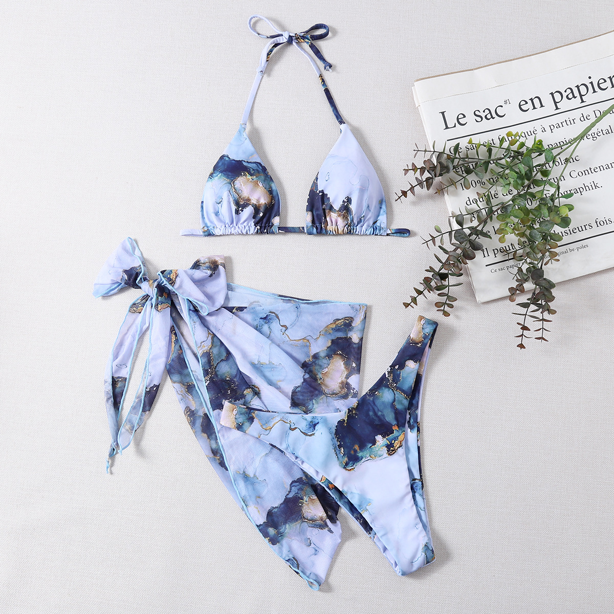 marble pattern ink printing split three-piece bikini  NSHL43995