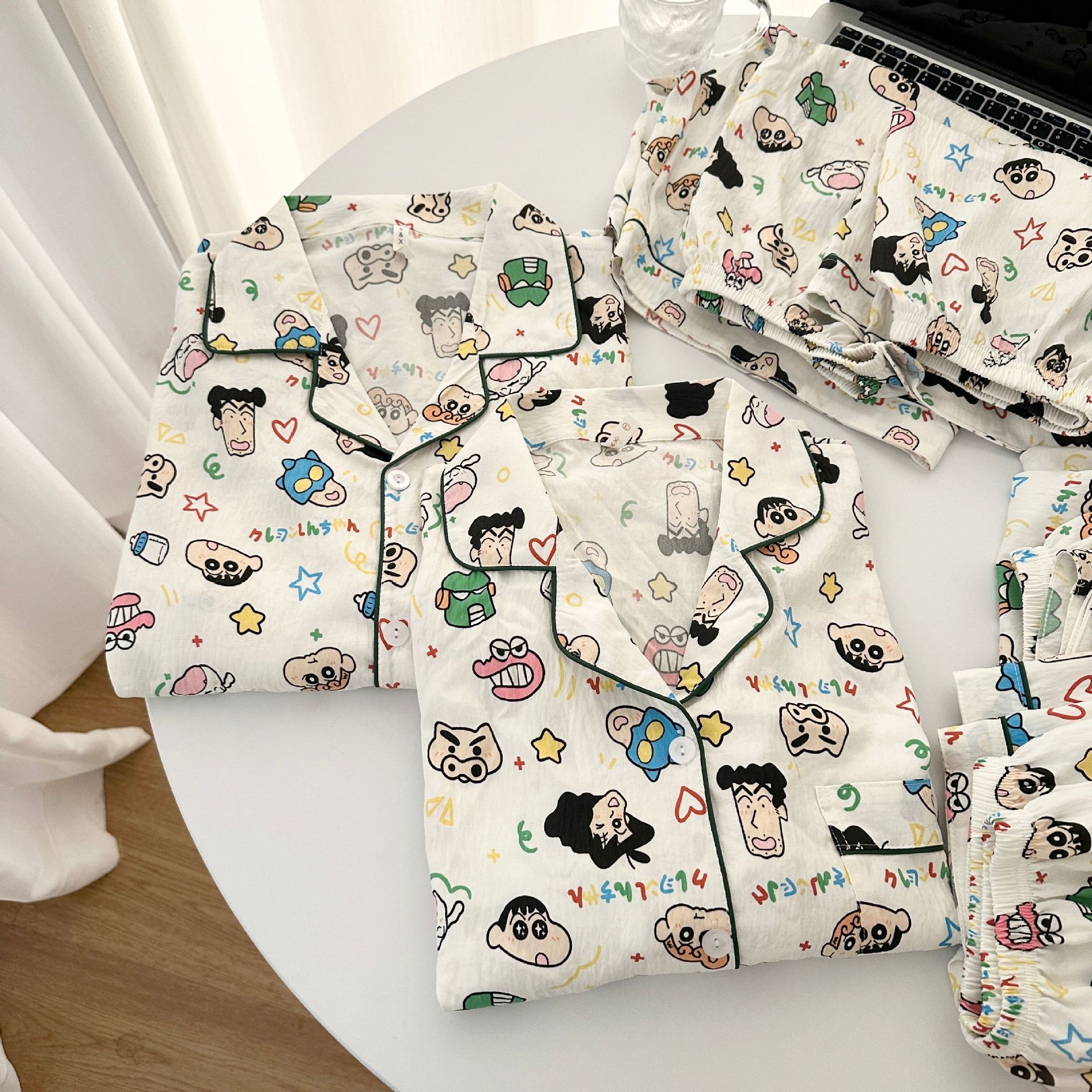 Summer New Cloud Cotton Couple Pajamas Three-Piece Set Cartoon Xiaoxin Short-Sleeved Lapel Men's Home Wear Three-Piece Set