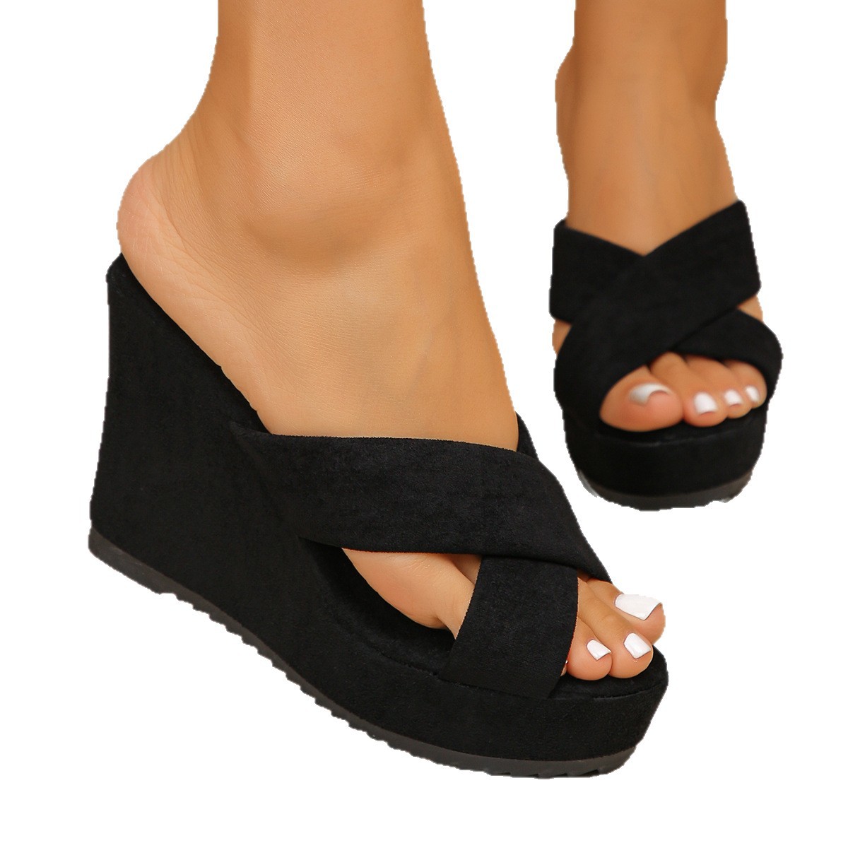 Women's Peep Toe Sandals European American Style Thick Sole Cross Strap Platform Wedge Heel One Strap Suitable For Outdoor Wear New Summer_voghion.com