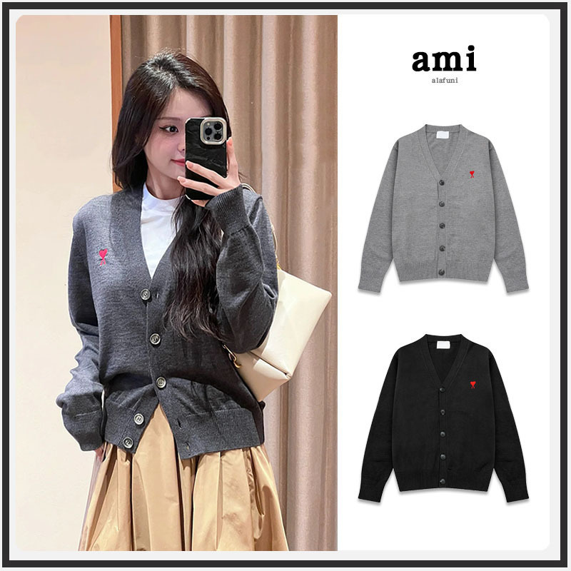Cross-border! ami knitted cardigan 2025 autumn and winter small heart embroidery single-breasted loose V-neck women's sweater