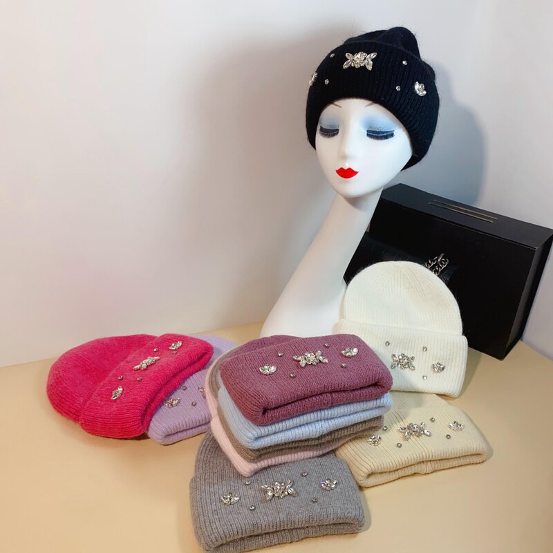 Advanced Sense Rabbit Hair Rhinestone Warm Wool Cap Women's Autumn and Winter Thickened Outdoor Ear Protection Cold Cap Korean-style Pullover Knitted Cap Advanced Sense Rabbit Hair Rhinestone Warm Wool Cap Women's Autumn and Winter Thickened Outdoor Ear Protection Cold Cap Korean-style Pullover Knitted Cap