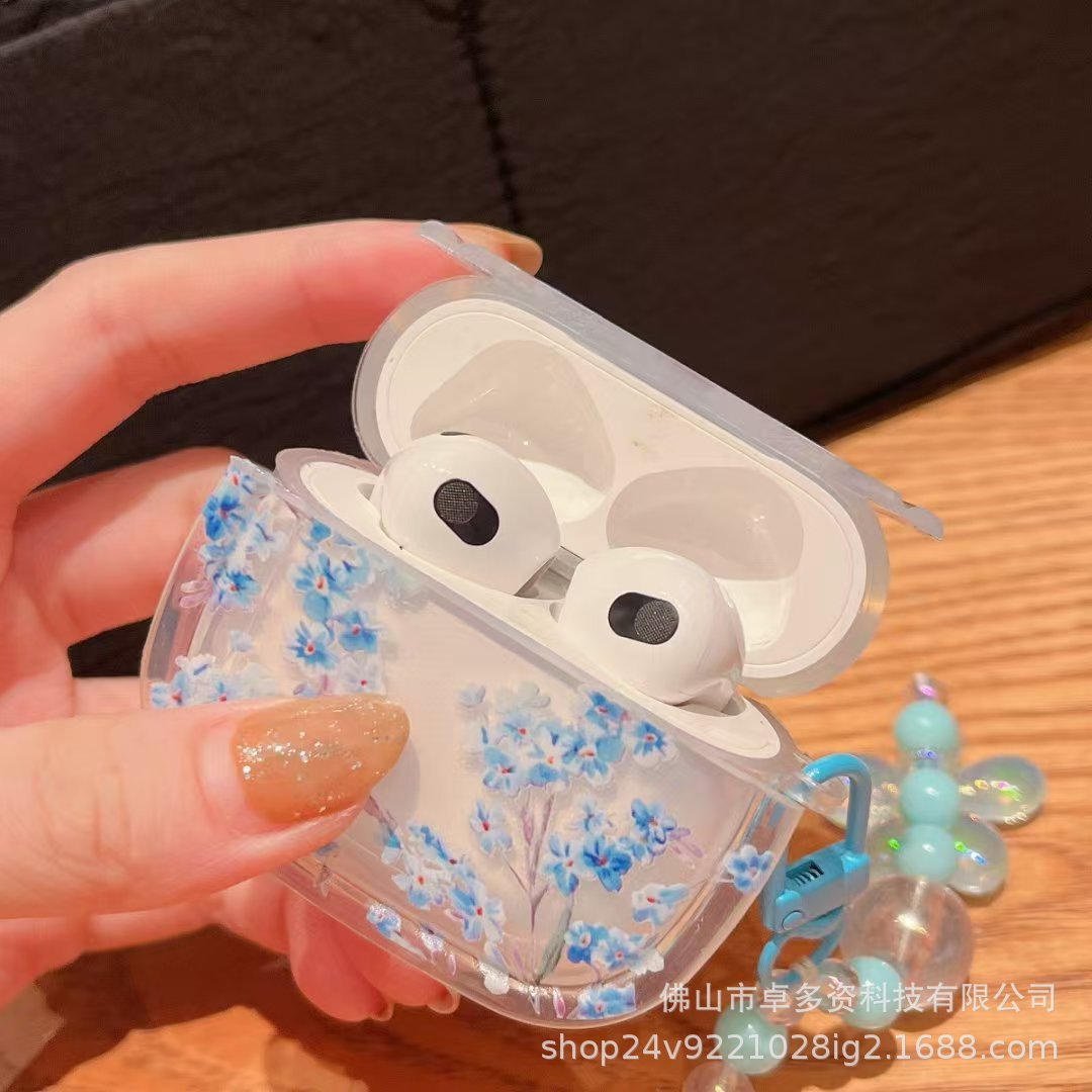 Caja de auriculares azul pálido con flores oval para airpodspro2 / 3 / 4 cubierta de auriculares Bluetooth de Apple