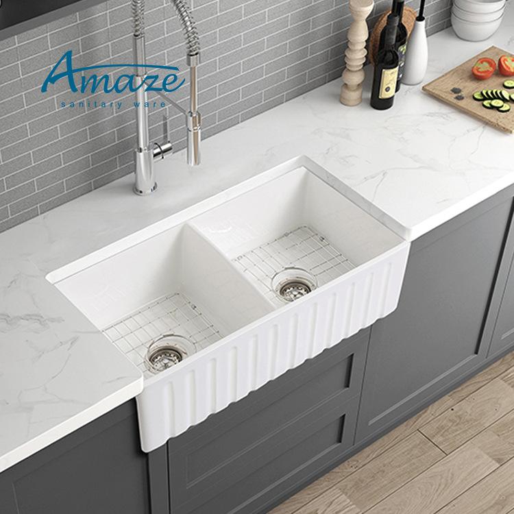 Fregadero de cocina americano CUPC de cerámica 20 pulgadas | Lavabo doble grande de montaje frontal o semiempotrado