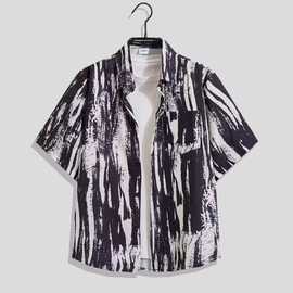 男士夏季日常翻领短袖开衫上衣新款简约黑色印花透气宽松休闲衬衫