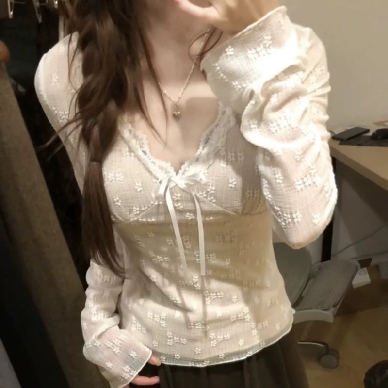 法式别致V领蕾丝边长袖T恤女秋季bm风蝴蝶结修身显瘦内搭短款上衣|undefined