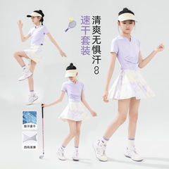 女の子速乾性スポーツウェアスーツ 2025 夏の新しい子供のトレーニングランニングテニススカートアイスシルク半袖大きな子供