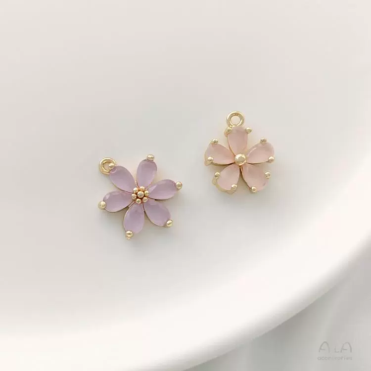 保色14K包金镶彩色锆石小花雏菊桃花吊坠手工diy手链耳环饰品挂件