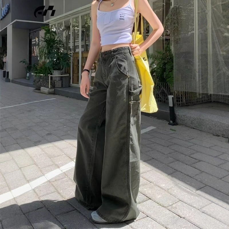 Petite American-Style Army Green Straight-Leg Cargo Jeans for Women, Loose Fit, Slimming, High-Waisted, Casual Wide-Leg Pants