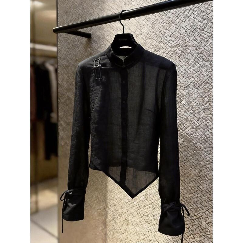 New Chinese-Style National Style Tops for Women 2026 Summer New Intellectual Mature Style Buttoned Pure Black Slim-Fit Slimming Shirt New Chinese-Style National Style Tops for Women 2026 Summer New Intellectual Mature Style Buttoned Pure Black Slim-Fit Slimming Shirt