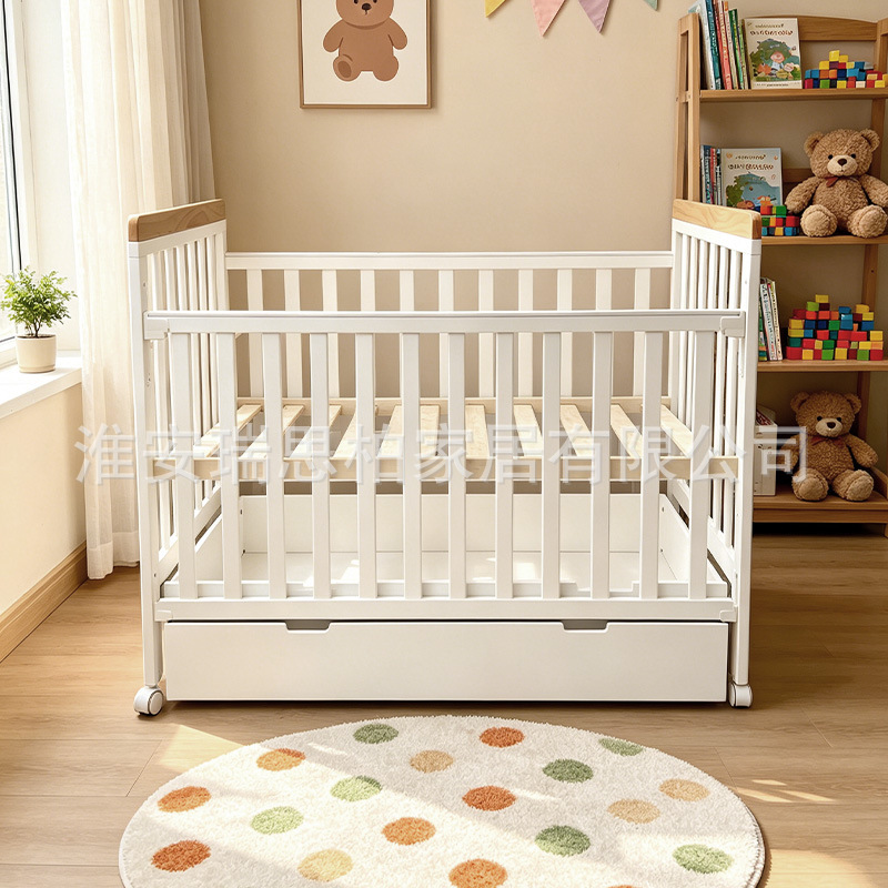 Solid Wood Baby Crib, Adjustable, Multifunctional, Newborn Baby Splicing Bed, Movable Storage, Cross-Border Manufacturer Wholesale