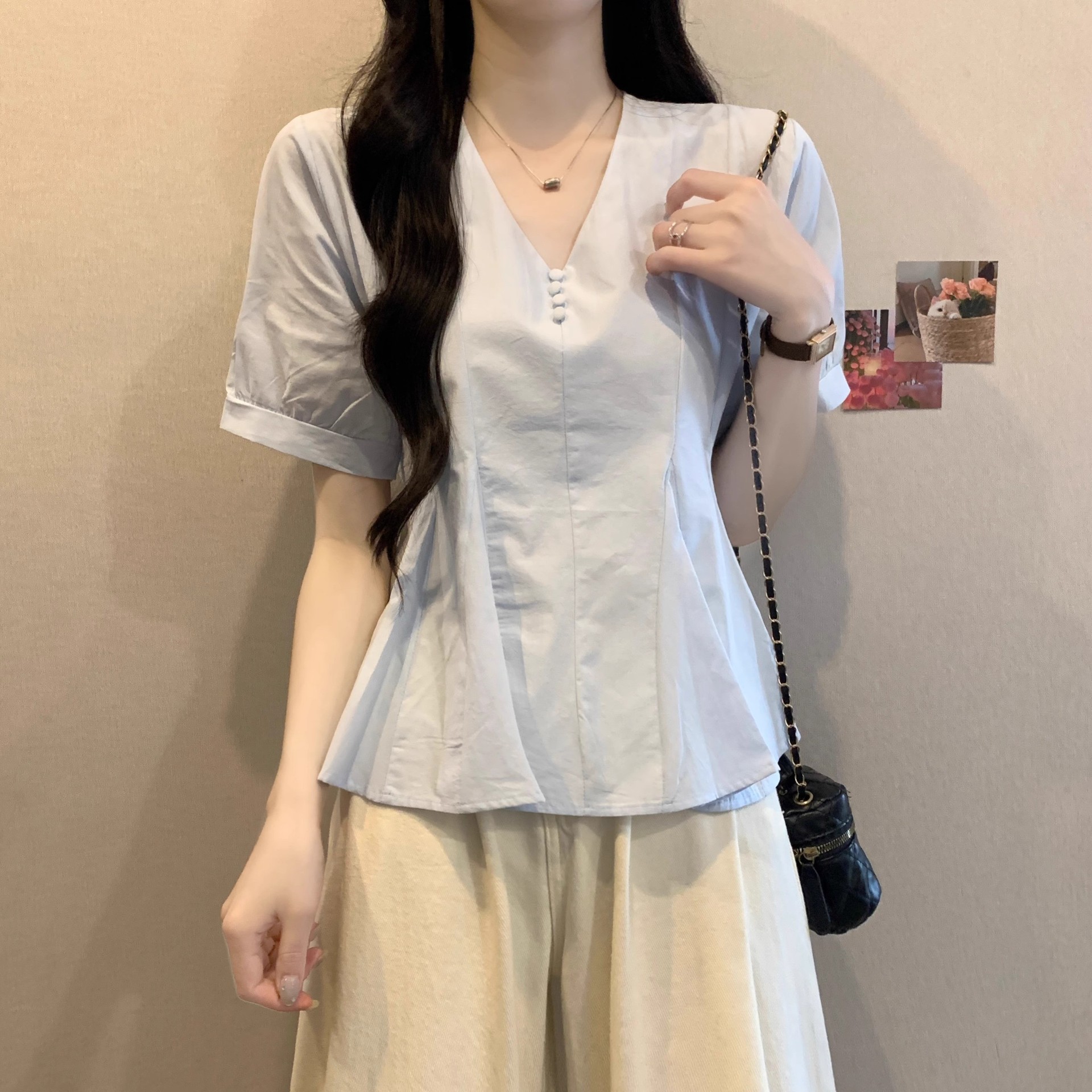 Áo sơ mi nữ cỡ lớn tay ngắn màu xanh lam dáng suông che khuyết điểm — Màu xanh lam chi tiết 7