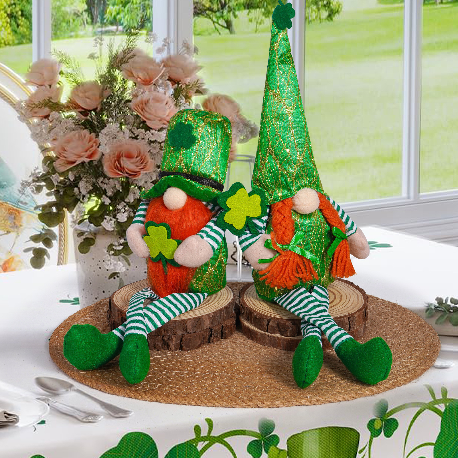 Transfronterizo irlandés Día de Patricio decoración muñeca verde creativa rosa brillante hoja verde adornos enanos Rudolf