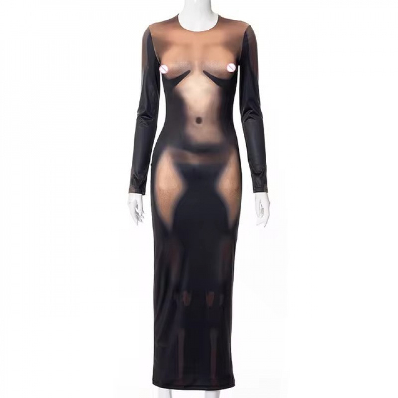 Sexy 3D Human Body Print Long Dress Women's Aesthetic Long Sleeve Sexy Bodycon Dress Party Y2K Dress