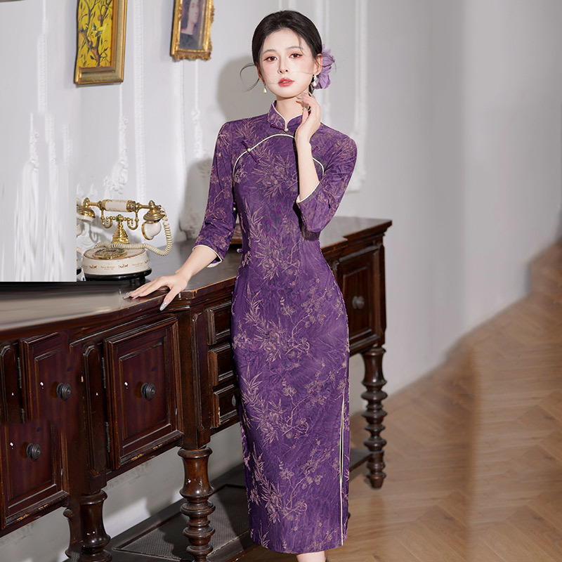 紫色国风新中式长款秋季长袖旗袍改良年轻款女复古修身收腰春秋装|undefined