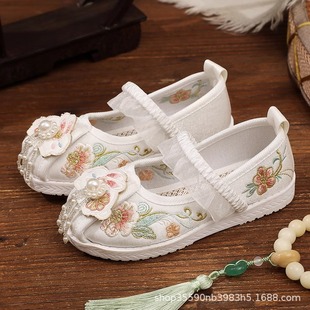 Spring and Autumn Girls' Embroidered Shoes, Ancient Style Children's Hanfu Shoes, Traditional Old Beijing Handmade Cloth Shoes, Chinese Style Mamian Skirt Shoes