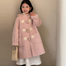 女童双面呢大衣羊毛高端2025冬季新款韩版洋气甜美连帽牛角扣外套