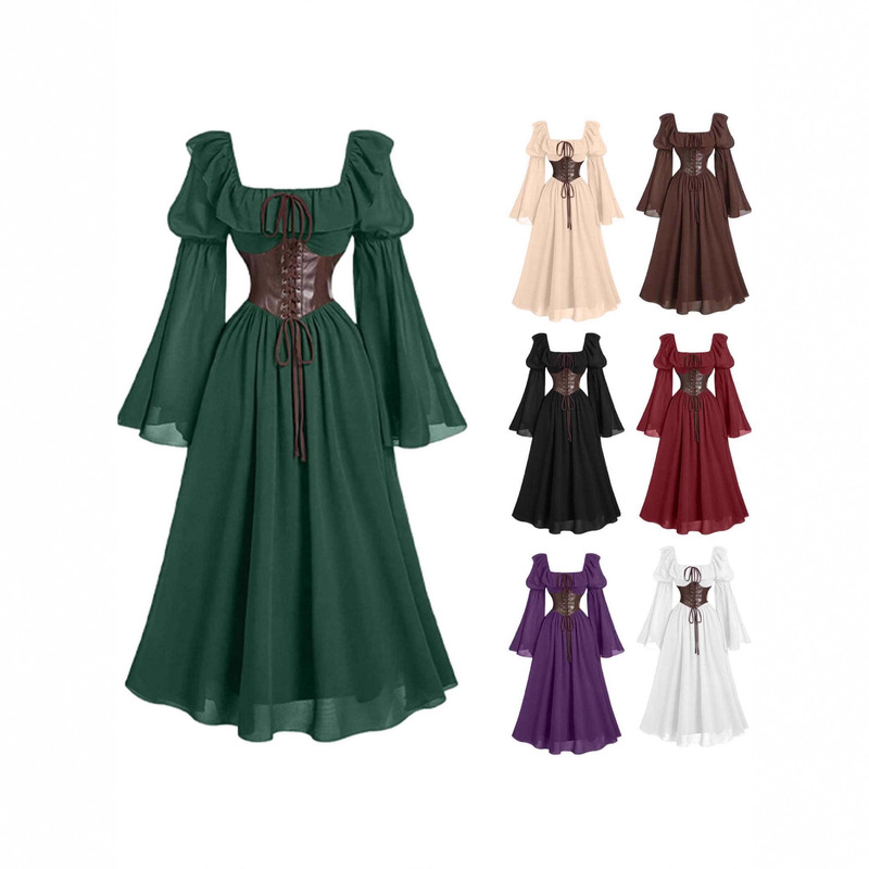 Medieval Cross-Border European and American New Women's Palace Retro Dress Trumpet Sleeve Waist Square Collar Bat Sleeve Long Dress