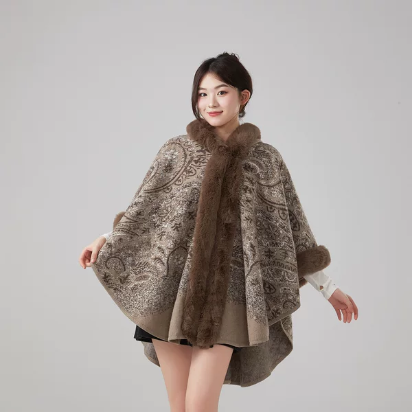 European and American Autumn and Winter New Style Imitation Rex Rabbit Fur Collar Jacquard Hooded Warm Shawl Cape Large Size Woolen Coat Cardigan for Women