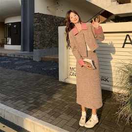 一整套初冬粉色小香风羽绒毛呢套装女韩系富家千金感高级感两件套