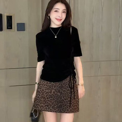 设计感抽绳中袖T恤+豹纹短裙两件套女2025秋季新款时尚气质上衣女