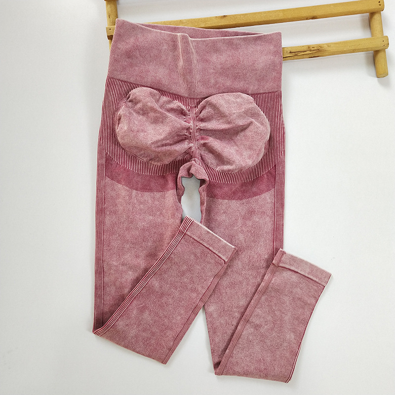 Pantalones de yoga sin costuras de punto lavados transfronterizos, cintura alta, glúteos, ropa de yoga esmerilada, pantalones de fitness para correr deportivos delgados de verano