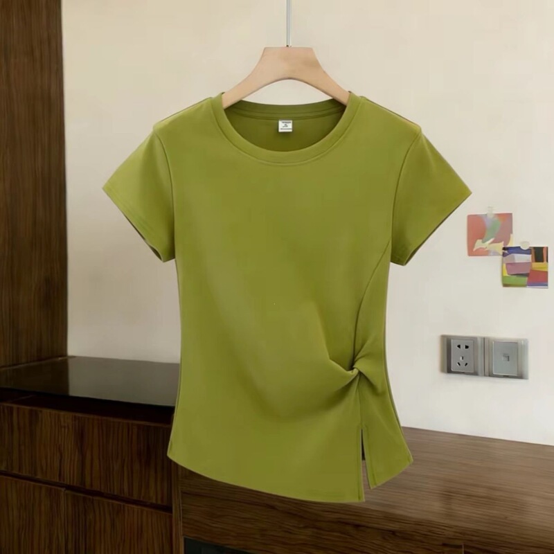 2026 Summer New Style Lazy Style Side Knot Design Pure Color T-Shirt for Women Light Blue White Black Lemon Yellow Green 2026 Summer New Style Lazy Style Side Knot Design Pure Color T-Shirt for Women Light Blue White Black Lemon Yellow Green