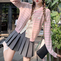 假两件条纹针织开衫学院风女秋季设计感小众别致上衣百褶裙两件套