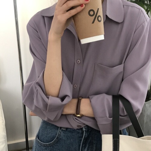 Women's Autumn Aloe Purple Long-Sleeve Chiffon Shirt with Design Sense, Unconventional and Stylish Satin Face Flowy Top