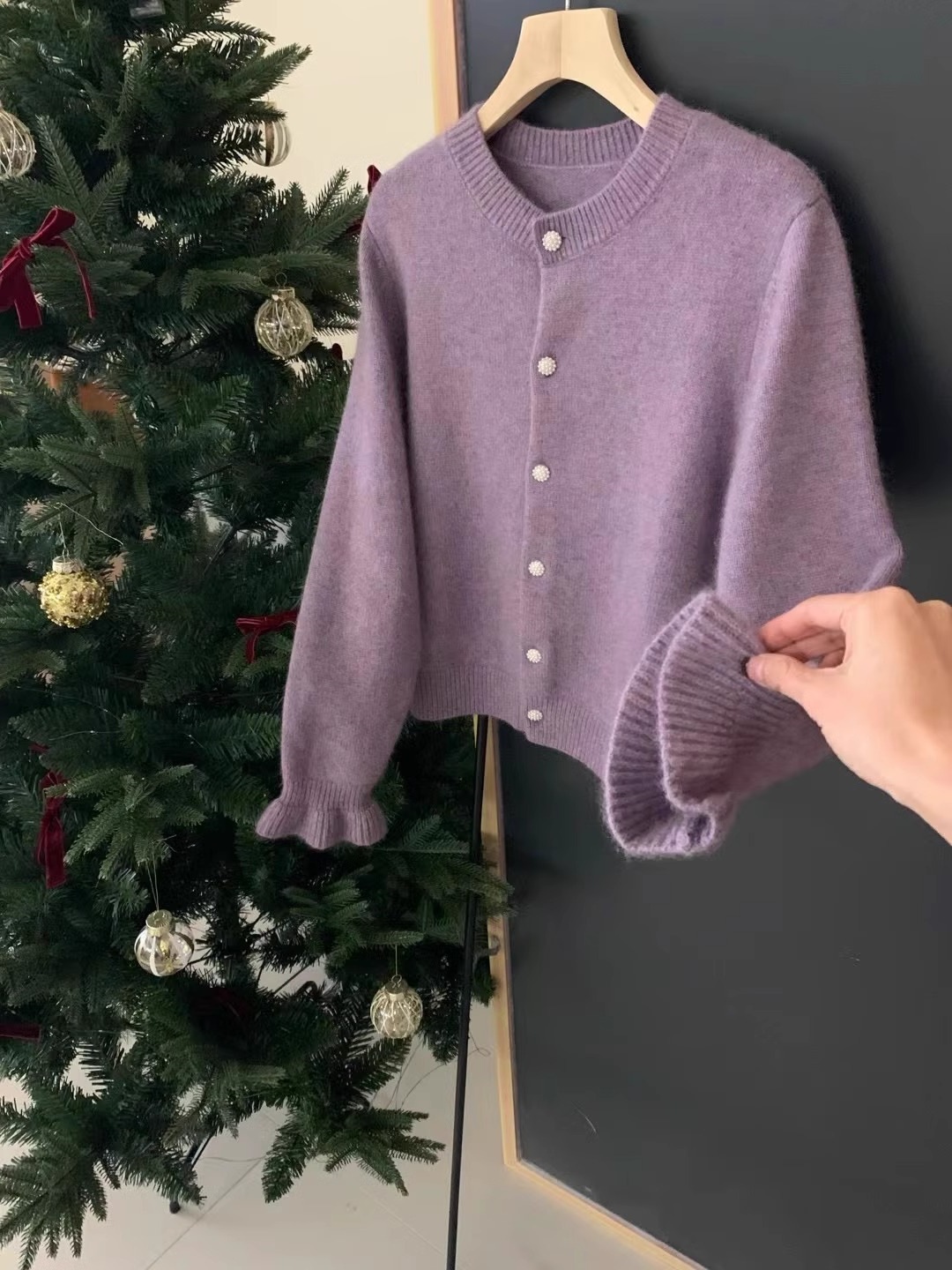 Cardigan coreano in velluto con scollo rotondo e maniche ricamate viola da donna, piccolo cappotto lavorato a maglia profumato primaverile_voghion.com
