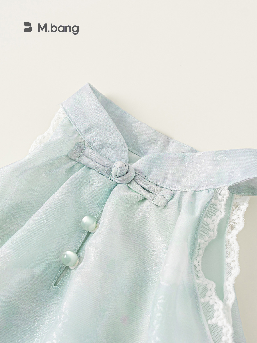 Ropa de niños Youbao de verano para niños grandes trajes de niñas camisas colgantes de cuello estilo nacional de malla de niñas pantalones de piernas anchas de encaje dos conjuntos