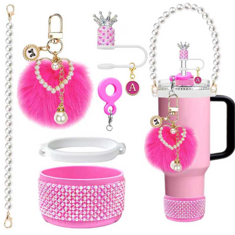 New Shiny Crown Straw Cap, Fashionable and Cute Decorative Diamond Cup Cover, Fur Ball, Stanley Accessories, Pearl Rope New Shiny Crown Straw Cap, Fashionable and Cute Decorative Diamond Cup Cover, Fur Ball, Stanley Accessories, Pearl Rope