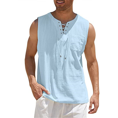 2025 Cross-border Amazon Hot Sale New Products Men's Vest Shirt Lace-up Fashion Solid Color Cotton and Lines Short Sleeve T-shirt
