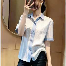 2026夏季新款白色条纹拼接短袖上衣女高级感法式轻熟风漂亮小衫服