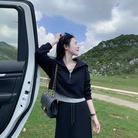 春秋新款亲肤棉套装女时尚拉链上衣+半身裙套装通勤出街小众穿搭