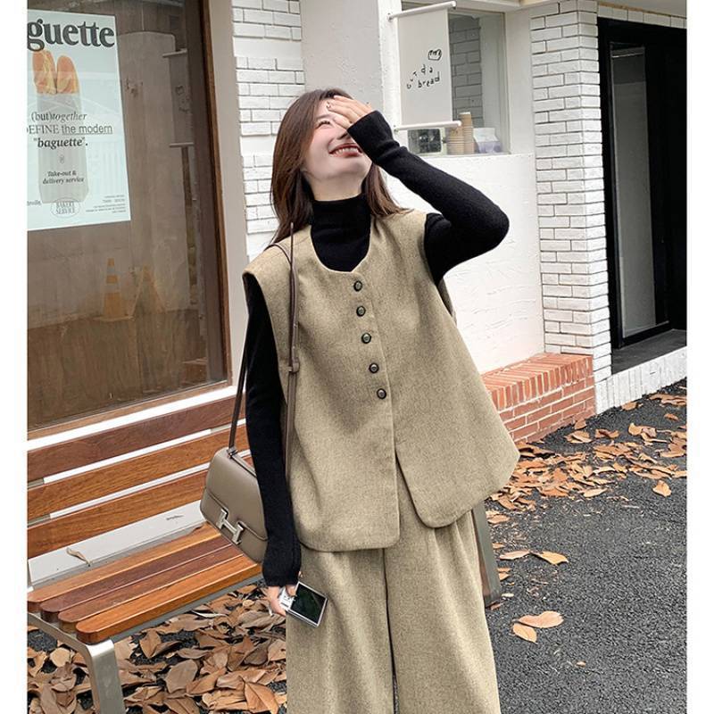 卡其色小香风马甲长裤套装女春季轻奢高级感穿搭休闲阔腿裤两件套|undefined