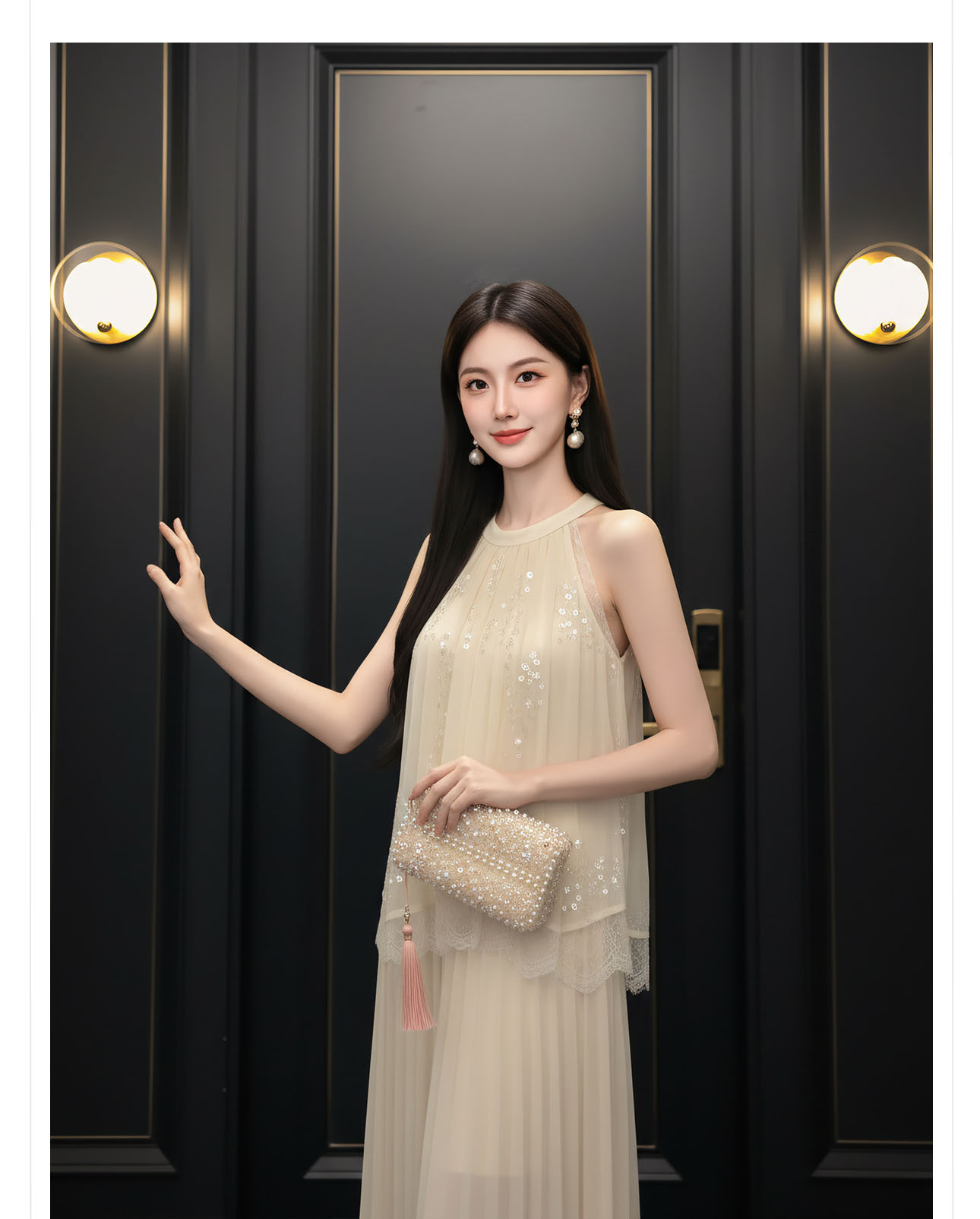 Áo croptop nữ tay ngắn cổ yếm xếp ly đính sequin phối bộ — bộ đồ, nửa váy, Gạo trắng Top chi tiết 5