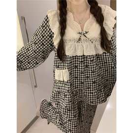 跨境专供韩版甜美公主风可爱蝴蝶结重工蕾丝宽松舒适外穿家居服套