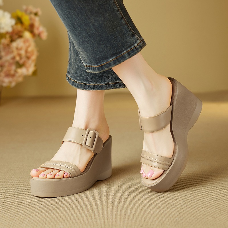 Sandal cao gót nữ hở mũi đế xuồng da bò quai một chữ thắt nút — màu trắng ngà