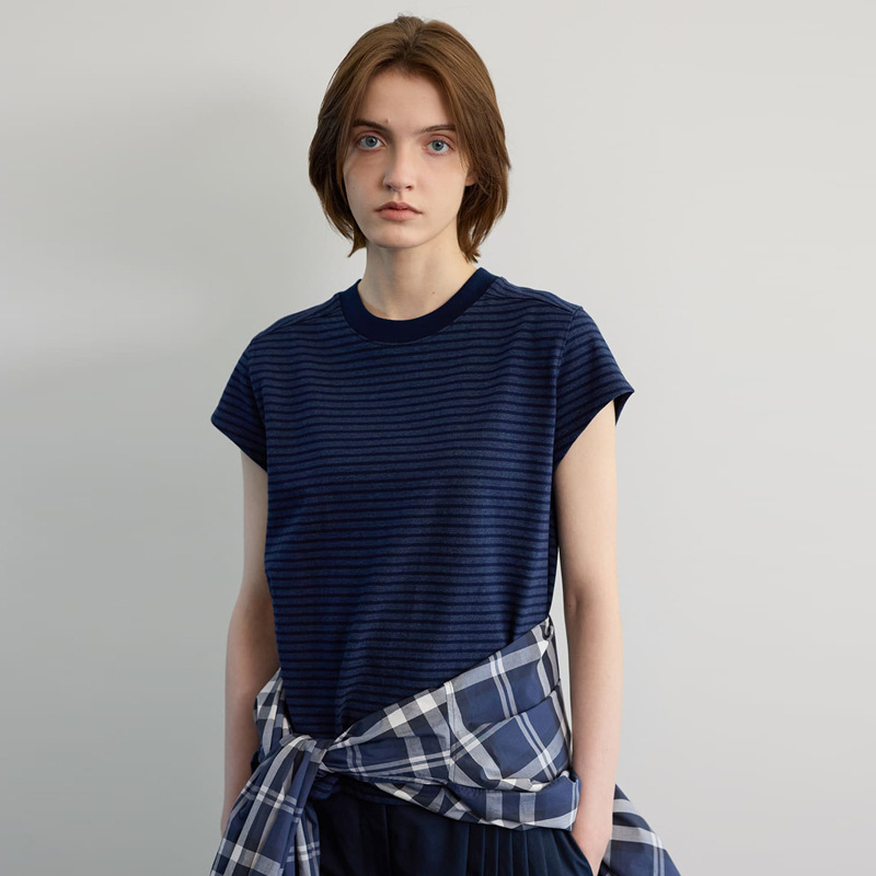 in stock MOONDAL Striped Short-sleeved T-shirt Women's New Spring and Summer Korean Niche Loose Casual Simple Round Neck Top