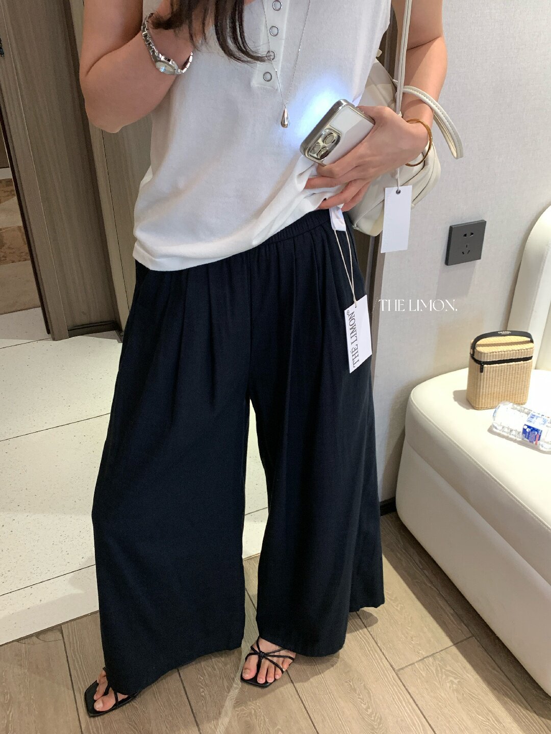 Quần ống rộng nữ vải linen phối cotton dáng suông mùa hè — Xám gạo, Xanh xám nhạt, Xanh đen, Cam bí ngô chi tiết 31