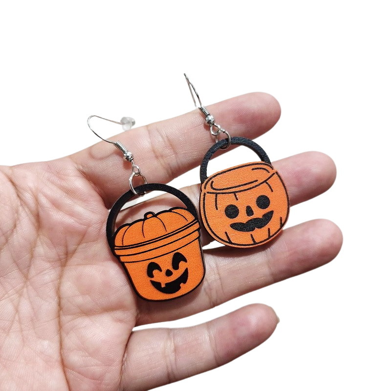 1 Pair Exaggerated Halloween Pattern Pumpkin Cat Wood Ear Hook display picture 7